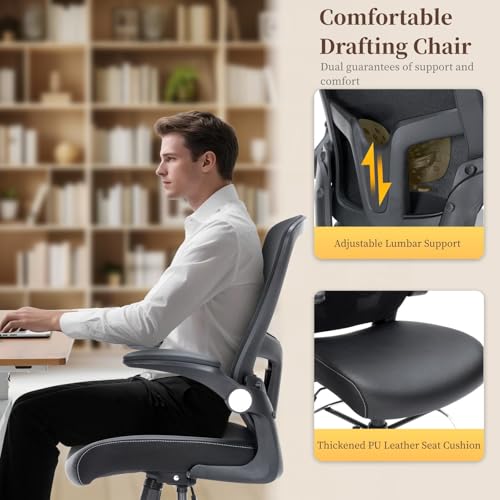 Bondesin Drafting Chair with Lumbar Support, Tall Office Chair, PU Leather Seat, Footrest Ring & Flip-up Armrests