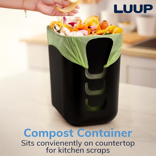 STORi Luup Black 2.5 Gallon Reuse Grocery Bag Trash Can with Hooks - Compact Wastebasket for Kitchen, Bathroom, Office, Garage, Laundry - 1 Pack