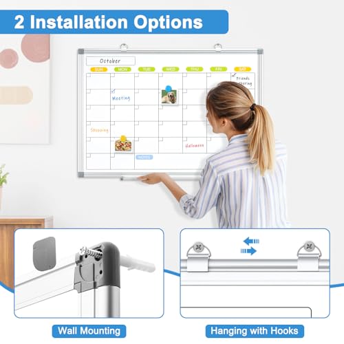 Dry Erase Calendar Whiteboard for Wall, WALGLASS 36" x 24" Magnetic White Board, Monthly Dry Erase Calendar with Silver Aluminum Frame, Double-Sided Hanging Portable Board for Office, Home, School