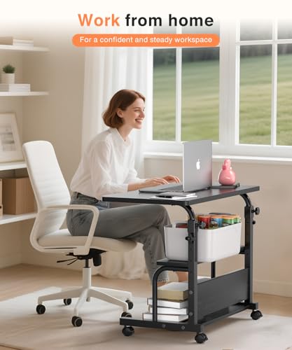 QZMDSM Black Adjustable Rolling Desk with Storage Shelves, 32 Inch Computer & Drafting Table