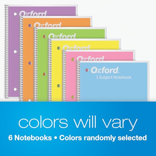 Oxford 1 Subject Spiral Notebook - College Ruled Pastel Colors, Set of 6, 8 x 10.5 Inches, Pastel Pink, Orange, Yellow, Green, Blue, Purple, College Rule