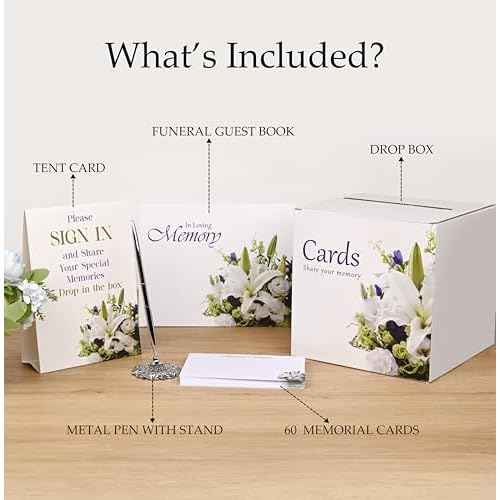 Guest Book Set, Funeral Guest Book, Includes: Guestbook with 100 Pages, 60 Memory Cards, Ball Pen+Pen Stand, Table Sign, Card Box, Celebration of Life Guest Book, Memorial Guest Book