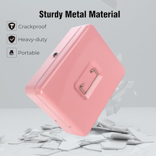 Crinwaki Pink Cash Box with Money Tray and Key Lock – Large Pink Cash Drawer Safe