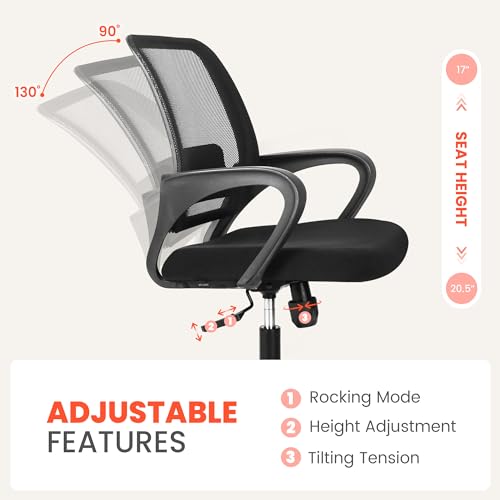 NEO Chair Office Desk Mesh Chair Ergonomic Computer Mid-Back Chair with Comfy Lumbar Support Wheels Swivel Adjustable Height Rolling for Home Vanity Bedroom Study (All Black)
