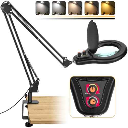 10X Large Magnifying Glass with Light and Stand, 2200 Lumens Stepless Dimmable Lighted Magnifier, Real Glass Lens Desk Lamp, Adjustable Swing Arm Clamp Light Hands Free for Craft Close Work