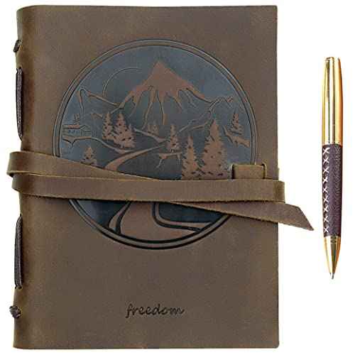 Leather Bound Journal for Men and Women, Handmade Gift Set with Mountain Embossed Journal and Stylish Pen, Vintage and Classic, Notebook, Sketchbook, Planner and Diary (300 Pages) (8x6")