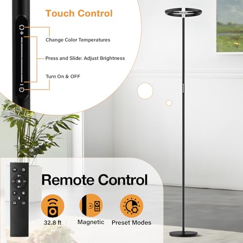 Floor Lamps for Living Room, 40W/2400LM Rotatable LED Floor Lamp with Touch & Remote Control, 70" Tall Standing Lamp Stepless Dimmable, Modern Torchiere Corner Lamp for Bedroom, Office