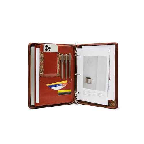 HYCLLLS Vegan Leather Portfolio, Brown leather Padfolio, 10x13.5 inch briefcase with 3 Ring Binder, Faux leather Portfolio fit for A4 Letter Size notepad, Leather padfolio for Men and Women