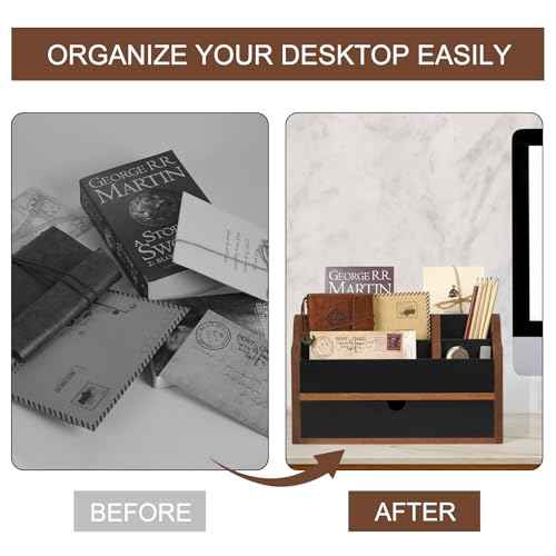 Desk Organizer with Drawer Wood File Office Mail Organizer Countertop-5 Slot Tabletop Storage Pen Organizer Letter Holder for School Home Office Supplies