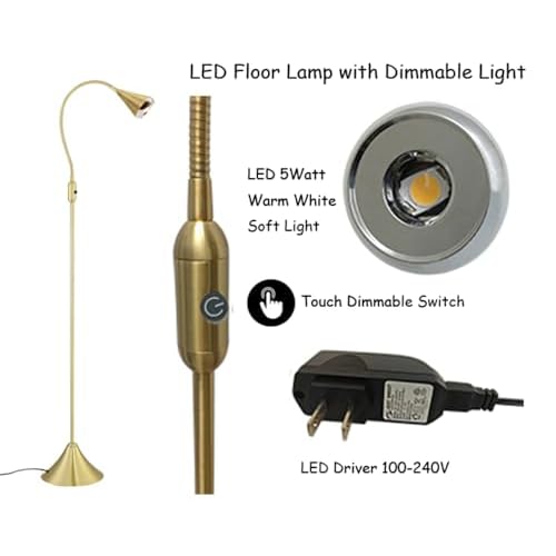 HomeFocus - LED Floor Lamp,Standing Lamp for Reading,Eye-Caring,Stepless Dimming,Floor Lamp for Living Room,Bedroom,LED 5W,Energy Efficient Super Bright (Metal,Gold)