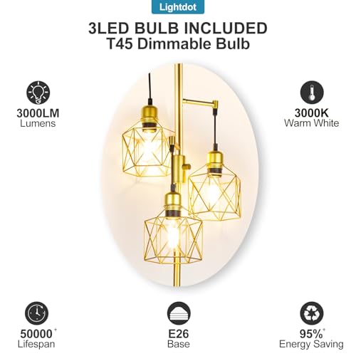 FAITHSAIL Industrial Tree Floor Lamp with Metal Cage Shade, 3-Light Farmhouse Rustic Tall Standing Lamp, Vintage Gold Pole Light for Living Room Bedroom Office Hotel