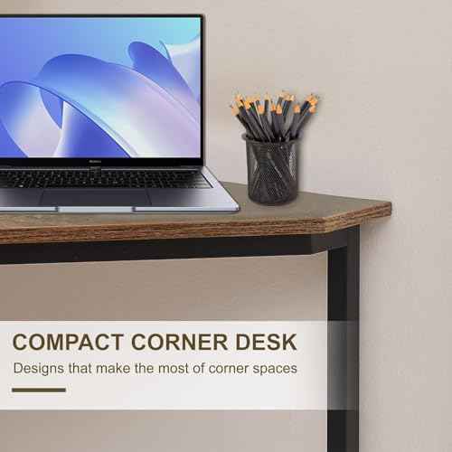 VECELO ?¬àrn¬Ör Desk, Corner Tables for Living Room for Small Space Triangle Computer Desk with Steel Frame ?¬àrn¬Ör Shelves with Metal Frame ?¬àrn¬Ör Writing Desk for Workstation Retro Brown 33.1"