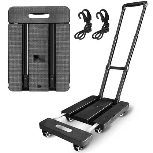 Folding Hand Truck 600lbs,XIBGH Portable Heavy Duty Luggage Cart,6 Wheels Dolly Cart with 2 Elastic Ropes,Compact Trolley Cart for Easy Moving with Extendable Plate for Travel, Moving and Office Use