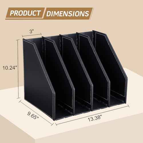 GORESE Collapsible Magazine File Holder, PU Leather Vertical File Folder Organizer for Desk with 4 Compartments, Magazine Holder Binder Storage Clipboard Rack File Sorter for Office Home School, Black