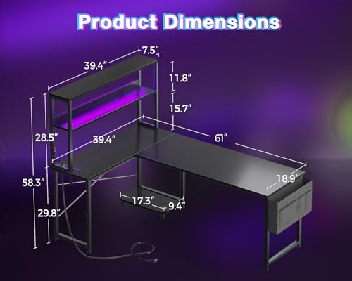 AODK Reversible L Shaped Gaming Desk with LED Light & Power Outlet - 61 Inch Black