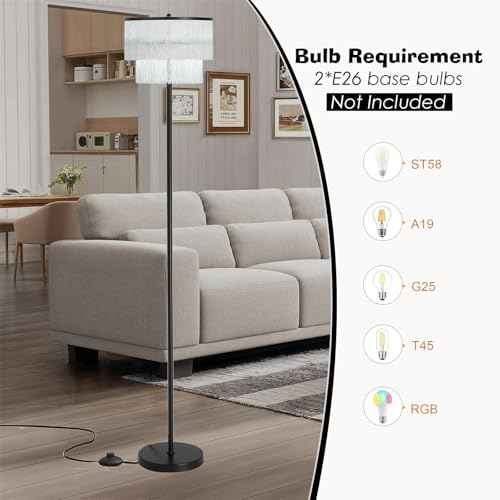 2 Light Black Boho Floor Lamp with 2-Tier Tassels/Fringe Lampshade,66" Tall Mid Century Standing Bedroom Lamp,Soft Lighting Nursery Floor Lamp for Bedroom Livingroom