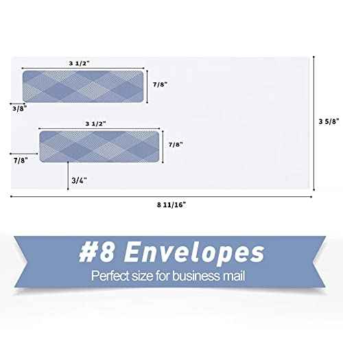 750#8 Self Seal Business Envelopes, PANDRI No.8 Double Window Design for Business and Quickbooks Check(invoice not fit), Documents Secure Mailing - Number 8 Size 3 5/8 X 8 11/16-24LB