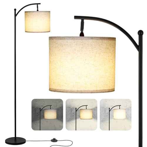 Modern Floor Lamp, 3-Ways Dimmable Standing Lamp with Linen Shade, Adjustable Height, Foot-Step Switch, Reading Lamp for Living Room, Bedroom, Office, 9W Bulb Included (Black)