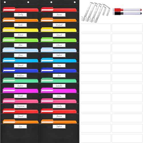 24 Pockets Heavy Duty Storage Chart, Hanging Wall File Organizer, Plus 4 Over Door Metal Hangers, 2 Markers & 24 Erasable Blank Cards, Organize Your Assignments, Files, Scrapbooks Papers (28¡± x 50.5¡±)
