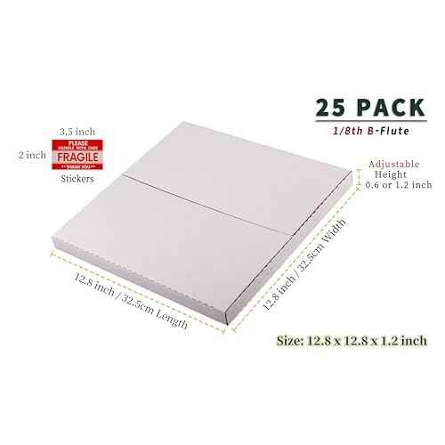 White 12" Vinyl Record Shipping Boxes, 12.8"L x 12.8"W x 1"H Corrugated Cardboard LP Album Mailers Boxes with Fragile Stickers, 25 Pack