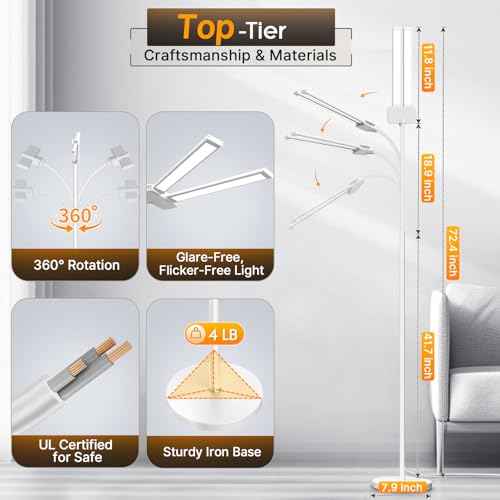 Syrinx LED Floor Lamp, Double Head Gooseneck Floor Lamps for Living Room with Gesture Switch & Remote Control, 14W Bright Tall Standing Lamp Modern Eye-Caring Reading Floor Lamp for Bedroom Office