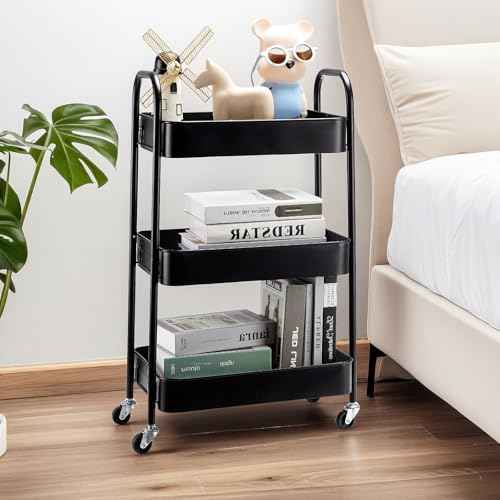 SETTFRFE 3 Tier Metal Utility Cart with Wheels,Rolling Storage Cart for Office,Bathroom,Dorm,Kitchen,Black