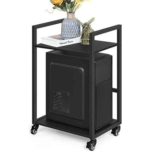 SEHERTIWY 2 Tier Computer Tower Stand, Black CPU Holder Cart with Rolling Caster Wheels, Mobile PC Tower Stand for Office Home Studio