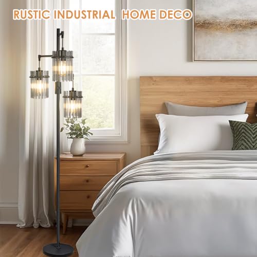 Industrial Floor Lamps for Living Room, Dimmable Floor Lamp Modern Standing Lamps with Glass Lampshade, Rotary Switch, LED Bulbs, Tall Lamps for Bedroom, Office (3 Lampshades(66inch))