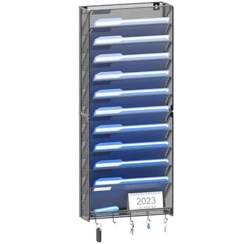 OUTWOLF Hanging Wall File Organizer with Hooks, 12 Tier Vertical Wall Mount File Holder, File Folder Wall Organizer for Office