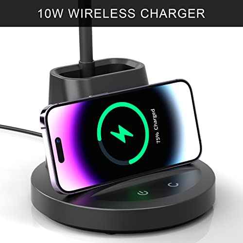 Desk Lamp with Wireless Charger, LED Desk Lamp for Home Office with Pen Holder, Dimmable Eye-Caring Study Desk Light Flexible Arm 3 Color Modes for College Dorm, 800 Lumens CRI 90