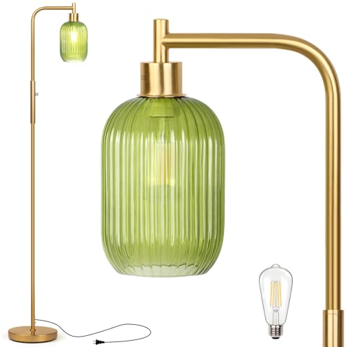 Dimmerable Glass Floor Lamp for Living Room,Modern Standing Lamp with Green Ribbed Glass Lampshade,Gold Plated Tall Lamp for Bedroom Reading Room Office,Dimmer LED Bulb Included.