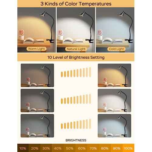Clip on Light USB Reading Light 3 Color Modes 10 Brightness Levels Eye Care Clamp Light Flexible Gooseneck Dimmable Reading Lamp Clip on Lamp for Bed Headboard Desk Bedside Dorm (Black)