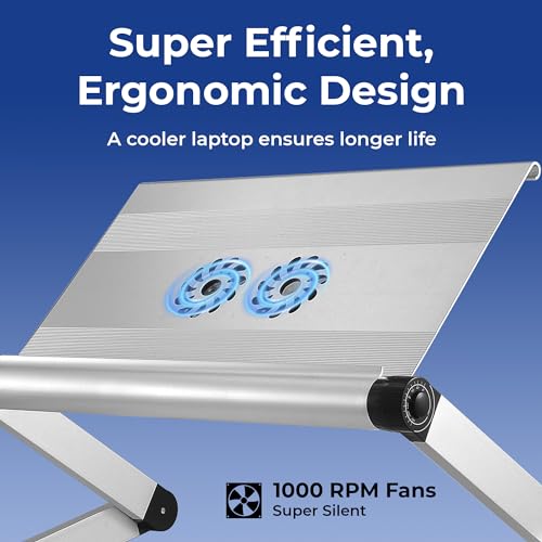 WorkEZ Executive Laptop Cooling Stand, Adjustable Desk for Bed, Foldable with 2 Fans & 3 USB Ports, Computer Lap Desk, PC Holder for Bed, Ergonomic Table Stand, Home Office Supplies, Silver