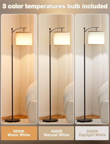 Ambimall 60-Inch Modern Floor Lamp with Beige Shade & Adjustable 3-Color LED Bulb - Black & Beige
