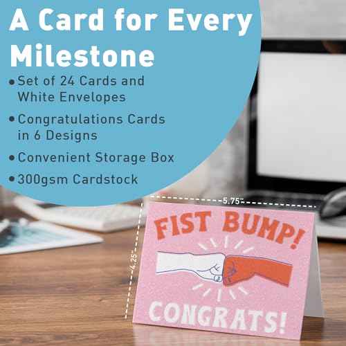 Sweetzer & Orange S&O Fun Congratulations Cards with Envelopes - Pack of 24 Colorful Encouragement Notes with covers - Appreciation, Recognition Cards for Coworkers - Boxed Compliment notes-