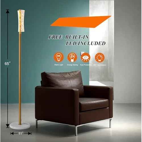 Fiqevs Crystal Floor Lamp, Modern Cylinder Standing Lamp with Crystal Lampshade, Cute LED Floor Light with 3000K Warm Lights, Gold Corner Tall Lamp for Living Room, Bedroom, Girls Room, Office
