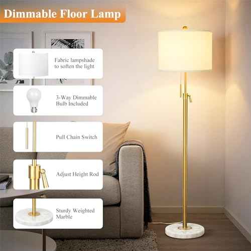 ¡¼Upgrade¡½ Gold Floor Lamps for Living Room, 55"-67" Height Adjustable Modern Standing Lamp with Marble Base, Pull Chain Switch, 3-Way Dimmable Tall Pole Lamp for Bedroom Office Reading, Bulb Included