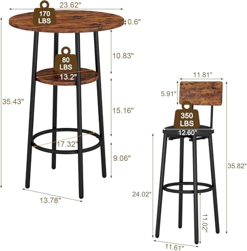ILCQU Brown 3-Piece Dining Table Set for 2 – Small Round Pub Table with Storage & PU Upholstered Stools