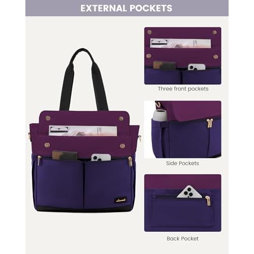 LOVEVOOK Laptop Bag for Women 15.6 Inch Canvas Laptop Large Capacity Work Bags Mutiple Pockets Teacher Bag Water Resistant Computer Bags for Business Travel Nurse, Dark Purple-Black