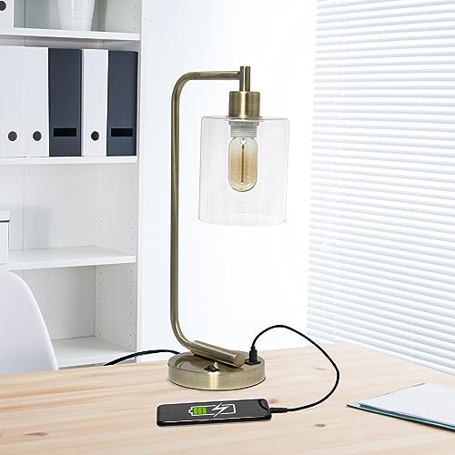 Simple Designs LD1066-ABS Bronson Antique Style Industrial Iron Lantern Desk Lamp with 2 Dual USB Ports and Glass Shade, Antique Brass