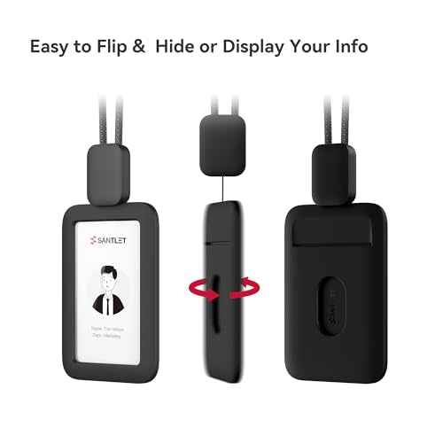 Lanyards for ID Badges Holder, SANTLET Silicone ID Badge Holder Name Card Case Protector with Retractable Cord, Safety Breakaway Buckle, 2 Card Slots for Office Staff Teachers Employees Cruising Black