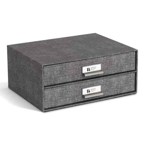 Bigso Birger 2-Drawer Canvas Fiberboard Easy Pull Handle Box - Desktop Drawers for A4 and Letter Size Papers - Desk Drawers with Metal Label Holder - 13.1in x 10in x 5.7in - Melange Grey