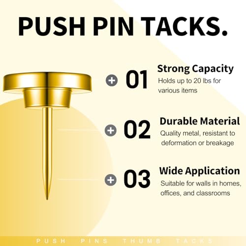 Gold 30PCS Metal Thumb Tacks for Wall - Heavy Duty Push Pins, Anti-Rust