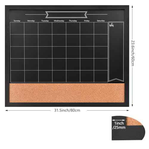 Magnetic Chalkboard Calendar Corkboard, 23.6" x 31.5" Combination Chalk Board Bulletin Board, Blackboard Calendar Cork Combo Board, Black(BK-6080)