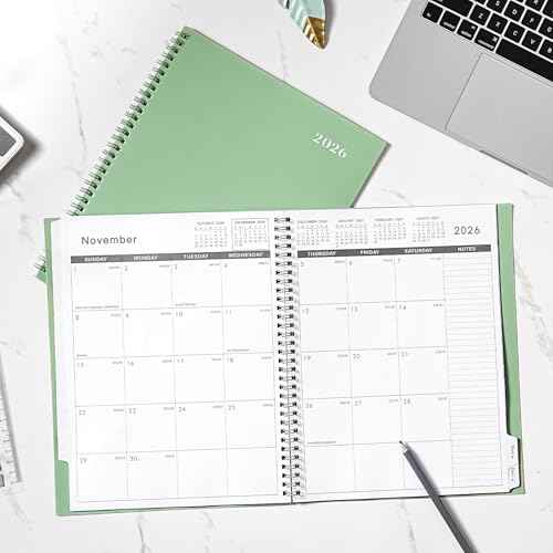 2026 Monthly Planner - 2026 Planner/Calendar, Jan 2026 - DEC 2026, 9" x 11", Thick Paper, Twin-Wire Binding, Monthly Planner with Tabs & Pocket & Label, Green
