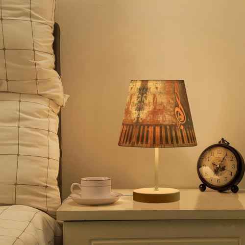Modern 3 Colors Dimmable LED Table Lamp, Grunge Musical Background Notes Linen Shade 10.8" Bedside Nightstand Light with USB Port Gift for Home Desk Bedroom Room Cafe