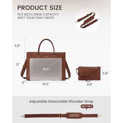 LOVEVOOK Laptop Tote Bag for Women, Vintage Leather Work Bag With Cup Holder, Waterproof Computer Purse, Professional Briefcase Office Shoulder Handbag, 15.6 Inch, Brown