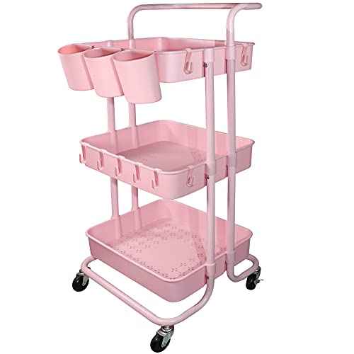 Ceeyali 3-Tier Rolling Utility Cart Storage Organizer Shelf Cart with Lockable Wheels and 3PCS Cups and 8PCS Hooks for Home Kitchen,Bathroom,Office,Laundry Room etc. (3 Cup 8 Hook Pink)