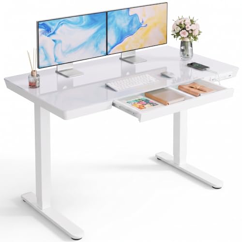 Marsail White Glass Standing Desk 48x24 Inch Electric Sit-Stand Workstation with Drawer & USB Ports