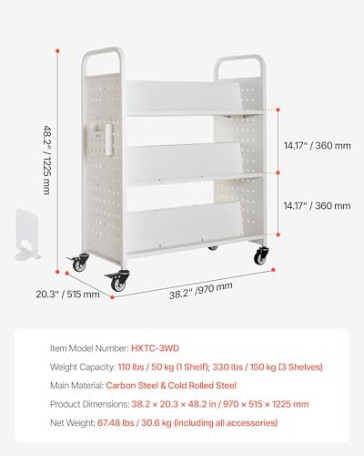 VEVOR White Rolling Library Book Cart, 330 lbs Capacity, 38.2 x 20.3 x 48.2-Inch W-Shaped 3-Tier with Lockable Wheels